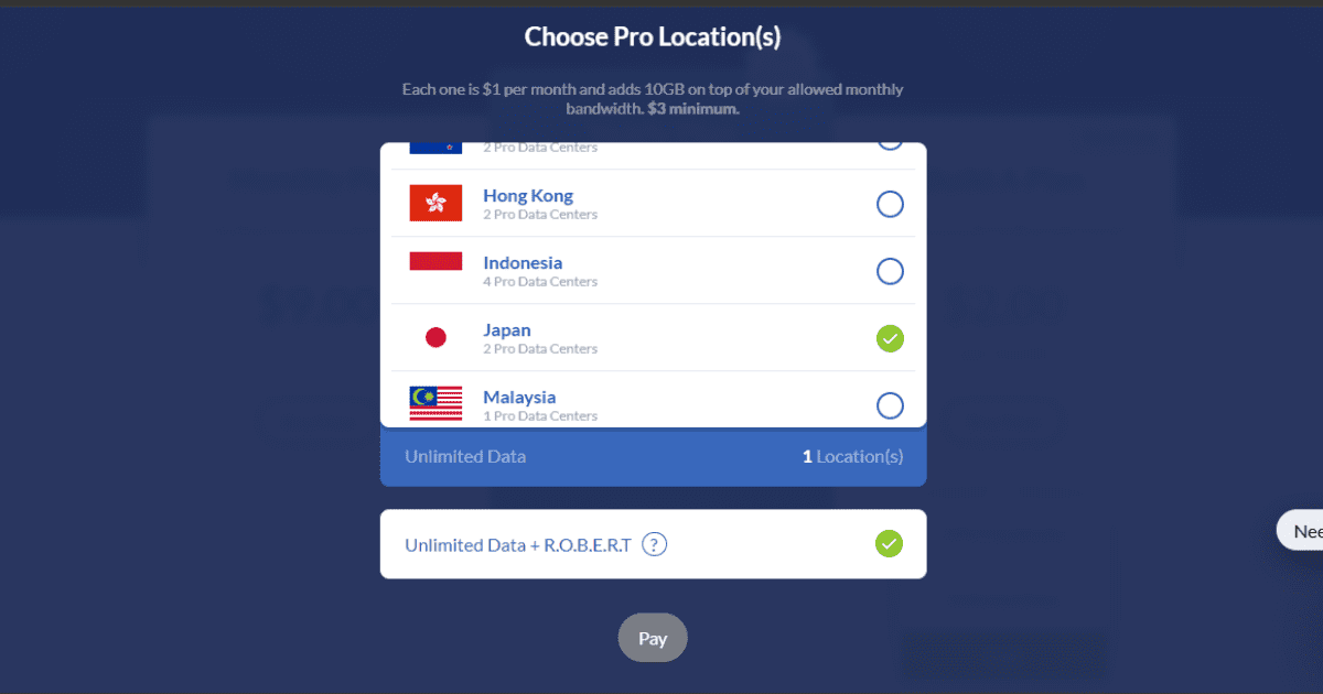 WindscribeのBuild A Planで日本と無制限データを選択した画面