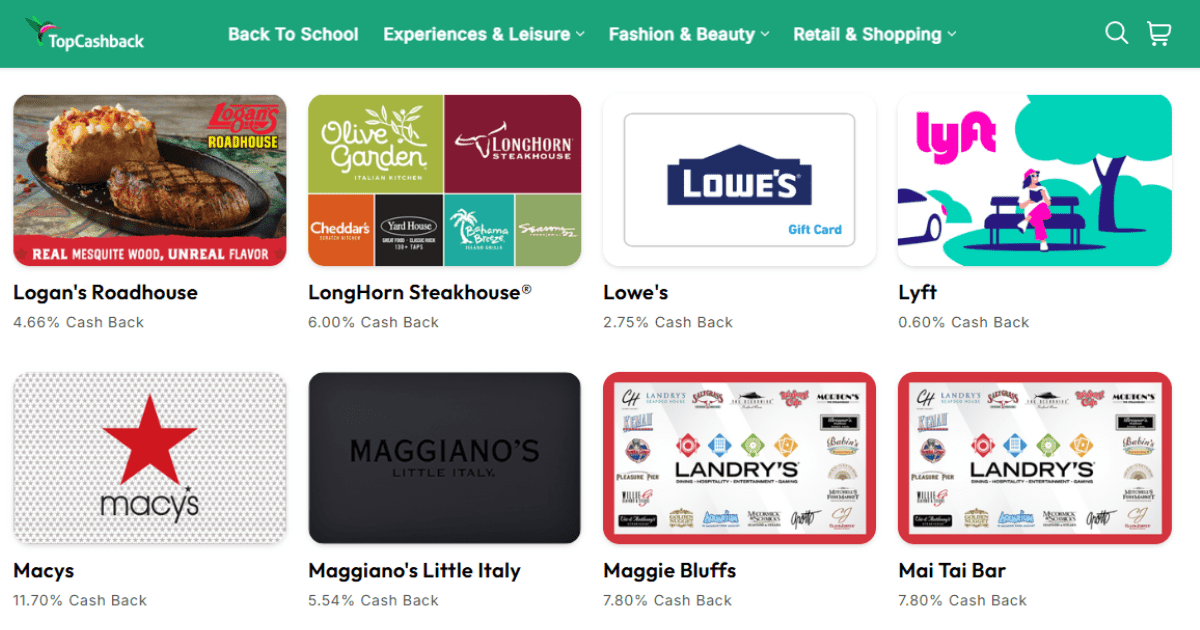 TopCashback Gift Cardsの画面。ギフトカードが8枚。Macy's（11.7％キャッシュバック）など。
