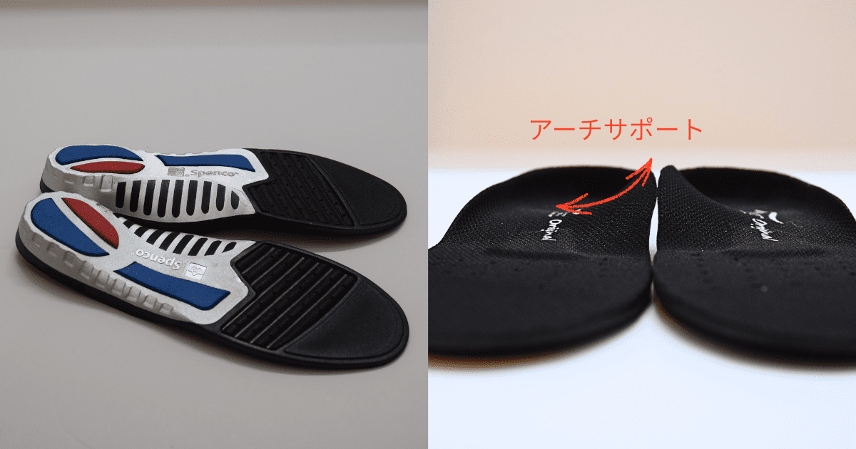 Spencoインソールの裏と表のアーチサポートの高さを示した写真